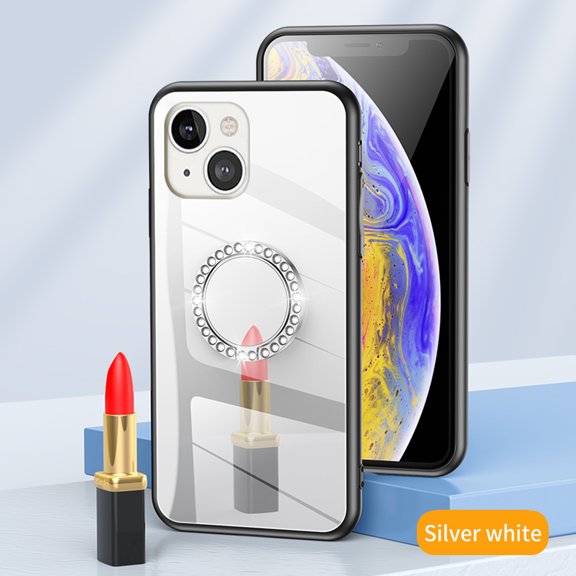Nalacover Mirror Phone Case for iPhone 14 with Diamond Ring Holder Bracket Clear Imaging Cover, Slim Fit Makeup Soft Silicone Bumper Shockproof Lens Protection Case for Women Girls,Silver