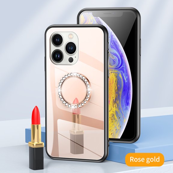 Nalacover Mirror Phone Case for iPhone 14 Pro with Diamond Ring Holder Bracket Clear Imaging Cover, Slim Fit Makeup Soft Silicone Bumper Shockproof Lens Protection Case for Women Girls,Rosegold