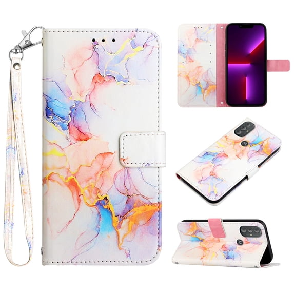 Nalacover for Motorola Moto G Power (2022) PU Leather Wallet Case,Stylish Marble Pattern Magnetic Clasp Flip Kickstand Cash Pocket Wireless Charging Detachable Wrist Strap Cover for Girls Women,D