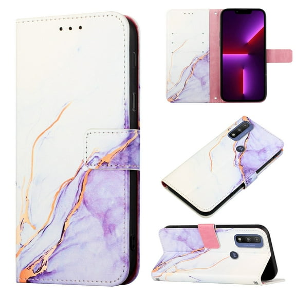 Nalacover for Motorola Moto G Pure 2022 PU Leather Wallet Case,Stylish Marble Pattern Magnetic Clasp Flip Kickstand Cash Pocket Wireless Charging+Wrist Strap Cover for Girls Women,Purple & Ｗhite