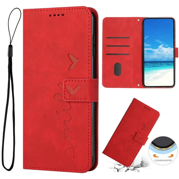 Nalacover for Motorola Moto G200 5G Flip Wallet Case,Luxury Love Heart Embossed PU Leather Shockproof Soft TPU Folio Kickstand Card Slots Cover with Wrist Strap for Women Men,Red