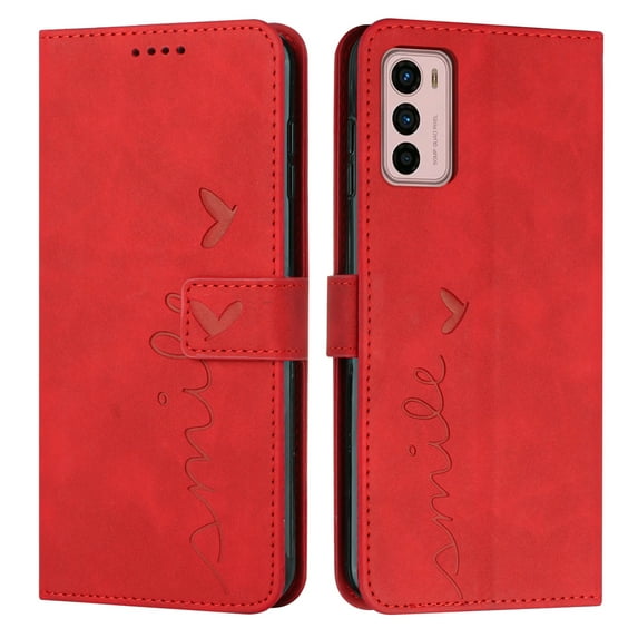 Nalacover for Motorola Moto G42 (4G) Flip Wallet Case,Luxury Love Heart Embossed PU Leather Shockproof Soft TPU Folio Kickstand Card Slots Phone Cover with Wrist Strap for Women Men,Red