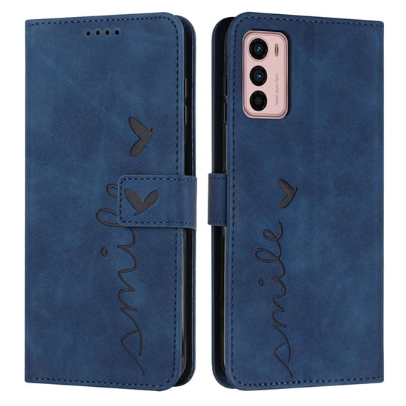 Nalacover for Motorola Moto G42 (4G) Flip Wallet Case,Luxury Love Heart Embossed PU Leather Shockproof Soft TPU Folio Kickstand Card Slots Phone Cover with Wrist Strap for Women Men,Blue