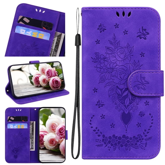 Nalacover for OnePlus Nord 2 5G Wallet Case,Luxury Embossed Sun Flower Pattern PU Leather Soft TPU Magnetic Flip Folio Book Credit Card Holder Shockproof for Women Men Cover+Wrist Strap.Purple