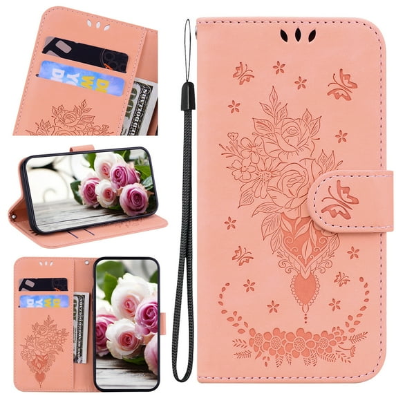 Nalacover for OnePlus Nord N200 5G Wallet Case,Luxury Embossed Sun Flower Pattern PU Leather Soft TPU Magnetic Flip Folio Credit Card Holder Shockproof for Women Men Cover+Wrist Strap.Pink
