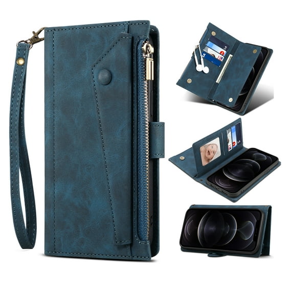 Nalacover PU Leather Wallet Case for iPhone 15 with Shoulder Strap Crossbody & Wrist Hand Strap, Zipper Pocket Card Slots Holder Kickstand Shockproof Flip Folio Cover, Darkblue
