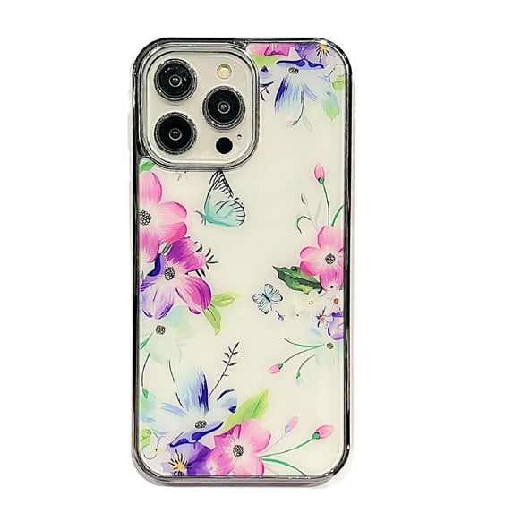 Nalacover Plating Case for iPhone 15 Pro Max Floral Butterfly Pattern Transparent Cover, Hybrid Rugged PC + TPU Shockproof Non-Slip Protective Case for iPhone 15 Pro Max, Pattern-D