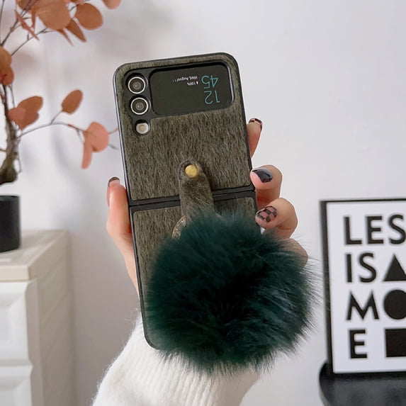 Nalacover Plush Cute Case for Samsung Galaxy Z Flip3, Warm Fluffy Design Cold Weather Winter Autumn Diamond Metal Ring Shining Case Rugged PC Bumper Shockproof Lens Protective Slim Fit Case,Darkgreen