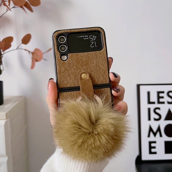 Nalacover Plush Cute Case for Samsung Galaxy Z Flip3, Warm Fluffy Design Cold Weather Winter Autumn Diamond Metal Ring Shining Case Rugged PC Bumper Shockproof Lens Protective Slim Fit Case,Brown