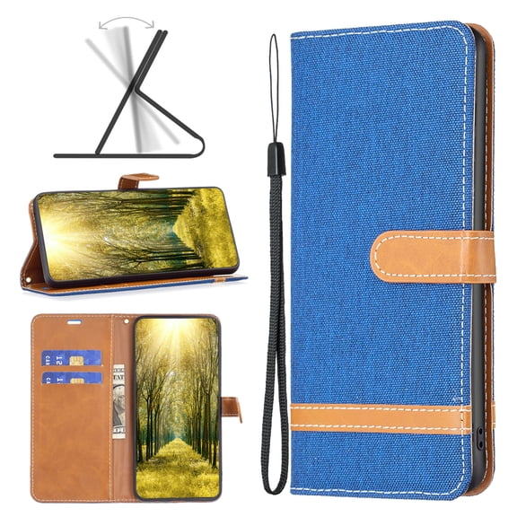 Nalacover Premium Denim Canvas Case For Galaxy A24 Wallet Case with [RFID Blocking] Card Slot Kickstand Magnetic Closure Leather Flip with Strap Phone Cover For Samsung Galaxy A24, Blue
