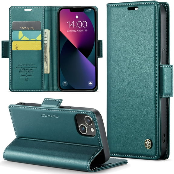 Nalacover Premium PU Leather Wallet Case for iPhone 15 Plus, RFID Blocking Card Slots Holder Cover with Kickstand Magnetic Clasp TPU Shockproof Case for iPhone 15 Plus, Green