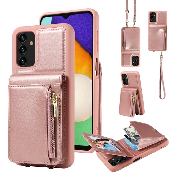 Nalacover RFID Blocking Wallet Case for Samsung Galaxy A13 4G, Shockproof PU Leather Magnetic Button Zipper Purse Card Slots & Kickstand Crossbody Phone Case with Shoulder & Wrist Strap,Rosegold