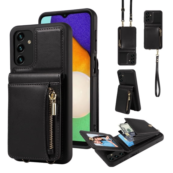 Nalacover RFID Blocking Wallet Case for Samsung Galaxy A13 4G, Shockproof PU Leather Magnetic Button Zipper Purse Card Slots & Kickstand Crossbody Phone Case with Shoulder & Wrist Strap,Black