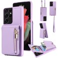 thumbnail image 1 of Nalacover RFID Blocking Wallet Case for Samsung Galaxy S21 Ultra, Shockproof PU Leather Magnetic Button Zipper Purse Card Slots & Kickstand Crossbody Phone Case with Shoulder & Wrist Strap,Purple, 1 of 12