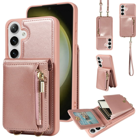 Nalacover RFID Blocking Wallet Case for Samsung Galaxy S23 FE, Shockproof PU Leather Magnetic Button Zipper Purse Card Slots & Kickstand Crossbody Phone Case with Shoulder & Wrist Strap,Rosegold