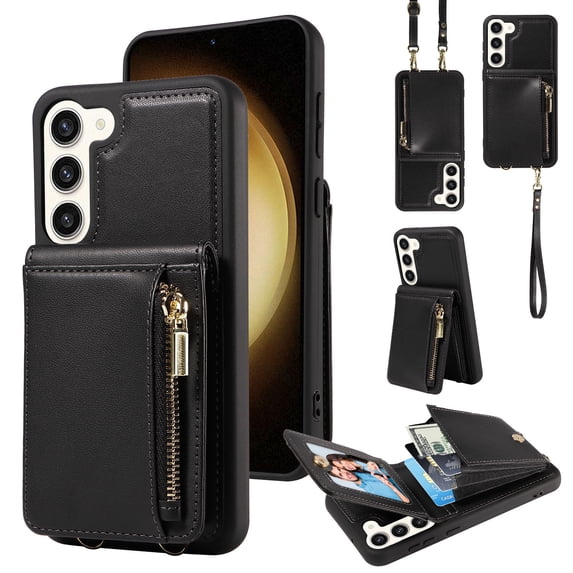 Nalacover RFID Blocking Wallet Case for Samsung Galaxy S23 Plus, Shockproof PU Leather Magnetic Button Zipper Purse Card Slots & Kickstand Crossbody Phone Case with Shoulder & Wrist Strap,Black