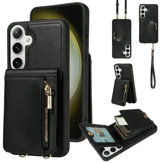 Nalacover RFID Blocking Wallet Case for Samsung Galaxy S24 Plus, Shockproof PU Leather Magnetic Button Zipper Purse Card Slots & Kickstand Crossbody Phone Case with Shoulder & Wrist Strap,Black
