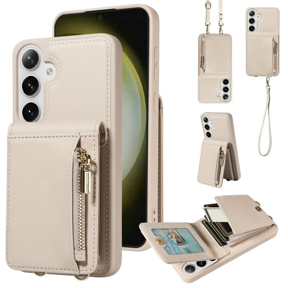 Nalacover RFID Blocking Wallet Case for Samsung Galaxy S24 Plus, Shockproof PU Leather Magnetic Button Zipper Purse Card Slots & Kickstand Crossbody Phone Case with Shoulder & Wrist Strap,White