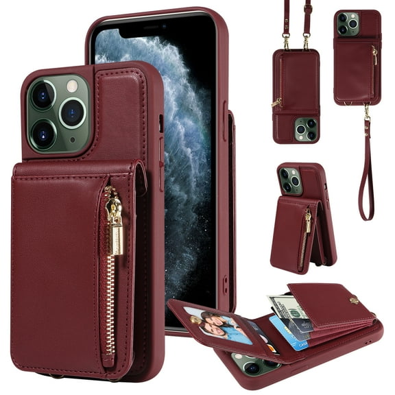 Nalacover RFID Blocking Wallet Case for iPhone 11 Pro Max, Shockproof PU Leather Magnetic Button Zipper Purse Card Slots & Kickstand Crossbody Phone Case with Shoulder & Wrist Strap,Winered