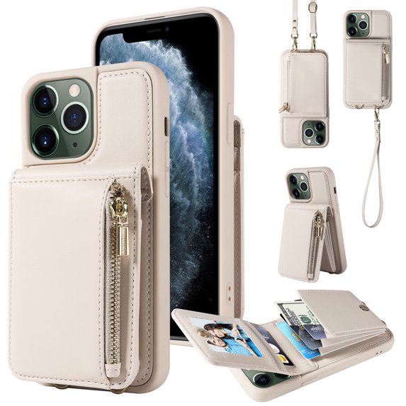 Nalacover RFID Blocking Wallet Case for iPhone 11 Pro Max, Shockproof PU Leather Magnetic Button Zipper Purse Card Slots & Kickstand Crossbody Phone Case with Shoulder & Wrist Strap,White