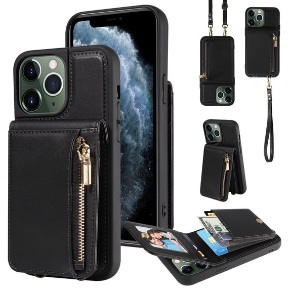 Nalacover RFID Blocking Wallet Case for iPhone 11 Pro Max, Shockproof PU Leather Magnetic Button Zipper Purse Card Slots & Kickstand Crossbody Phone Case with Shoulder & Wrist Strap,Black