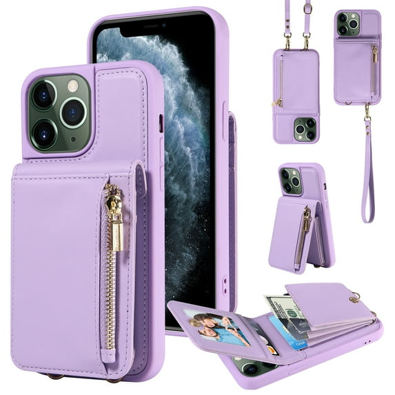 Nalacover RFID Blocking Wallet Case for iPhone 11 Pro Max, Shockproof PU Leather Magnetic Button Zipper Purse Card Slots & Kickstand Crossbody Phone Case with Shoulder & Wrist Strap,Purple