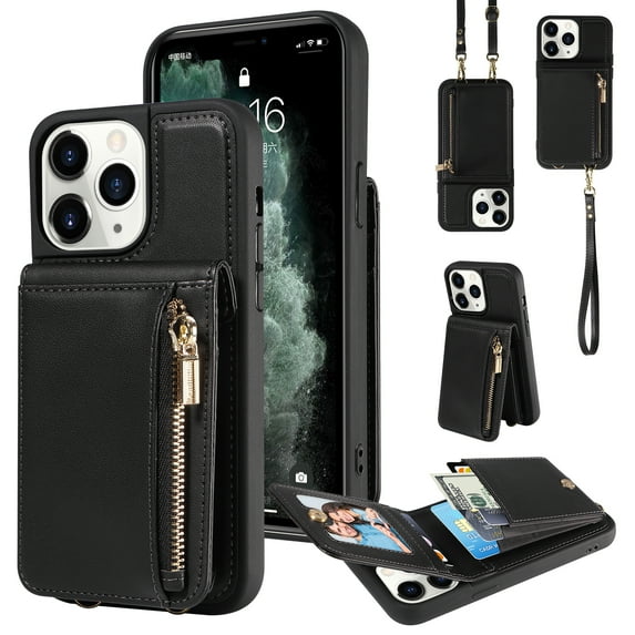 Nalacover RFID Blocking Wallet Case for iPhone 11 Pro, Shockproof PU Leather Magnetic Button Zipper Purse Card Slots & Kickstand Crossbody Phone Case with Shoulder & Wrist Strap,Black
