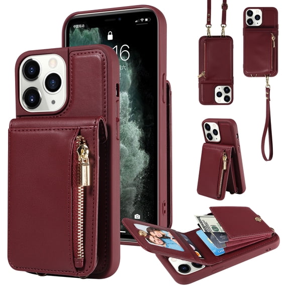 Nalacover RFID Blocking Wallet Case for iPhone 11 Pro, Shockproof PU Leather Magnetic Button Zipper Purse Card Slots & Kickstand Crossbody Phone Case with Shoulder & Wrist Strap,Winered