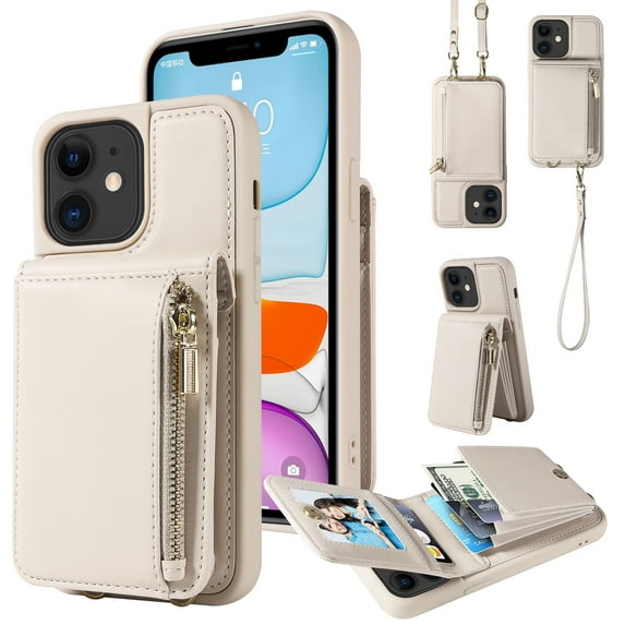 Nalacover RFID Blocking Wallet Case for iPhone 11, Shockproof PU Leather Magnetic Button Zipper Purse Card Slots & Kickstand Crossbody Phone Case with Shoulder & Wrist Strap,White