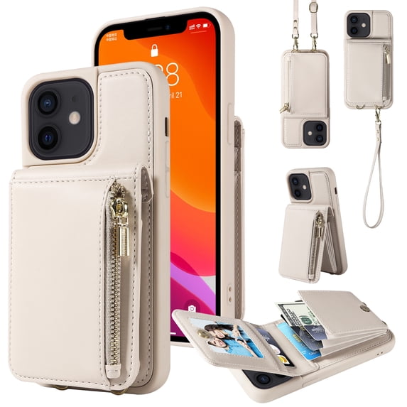 Nalacover RFID Blocking Wallet Case for iPhone 12/12 Pro, Shockproof PU Leather Magnetic Button Zipper Purse Card Slots & Kickstand Crossbody Phone Case with Shoulder & Wrist Strap,White