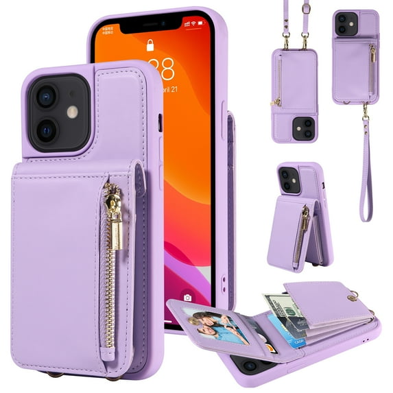 Nalacover RFID Blocking Wallet Case for iPhone 12/12 Pro, Shockproof PU Leather Magnetic Button Zipper Purse Card Slots & Kickstand Crossbody Phone Case with Shoulder & Wrist Strap,Purple