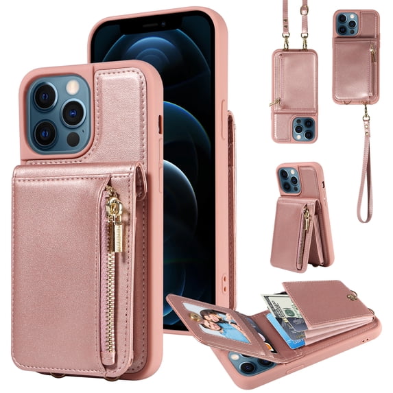 Nalacover RFID Blocking Wallet Case for iPhone 12 Pro Max, Shockproof PU Leather Magnetic Button Zipper Purse Card Slots & Kickstand Crossbody Phone Case with Shoulder & Wrist Strap,Rosegold