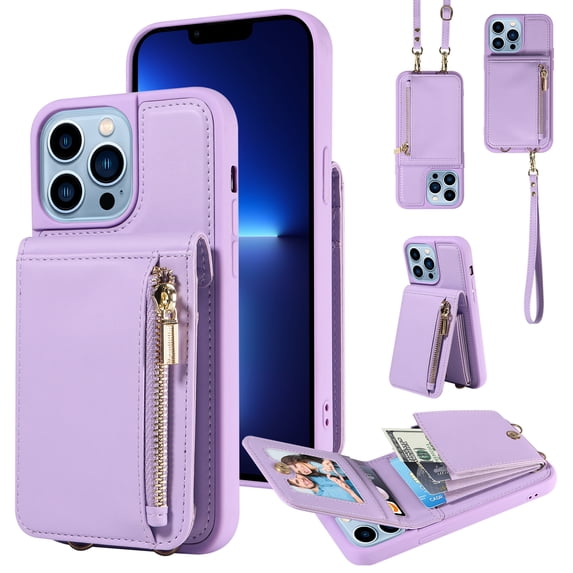 Nalacover RFID Blocking Wallet Case for iPhone 13 Pro Max, Shockproof PU Leather Magnetic Button Zipper Purse Card Slots & Kickstand Crossbody Phone Case with Shoulder & Wrist Strap,Purple