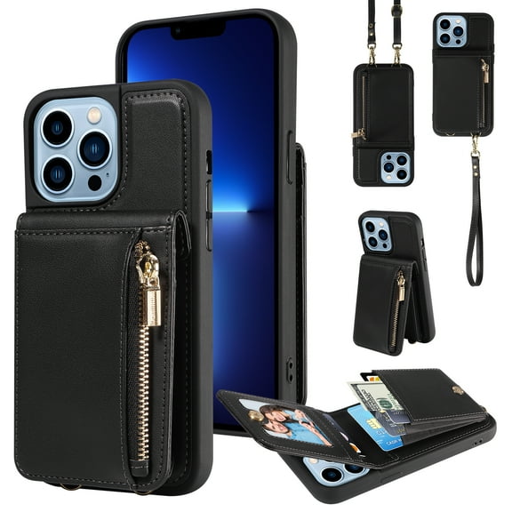Nalacover RFID Blocking Wallet Case for iPhone 13 Pro Max, Shockproof PU Leather Magnetic Button Zipper Purse Card Slots & Kickstand Crossbody Phone Case with Shoulder & Wrist Strap,Black