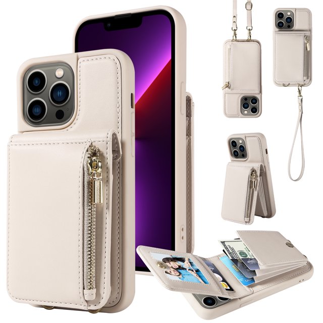 Nalacover RFID Blocking Wallet Case for iPhone 13 Pro, Shockproof PU Leather Magnetic Button Zipper Purse Card Slots & Kickstand Crossbody Phone Case with Shoulder & Wrist Strap,White