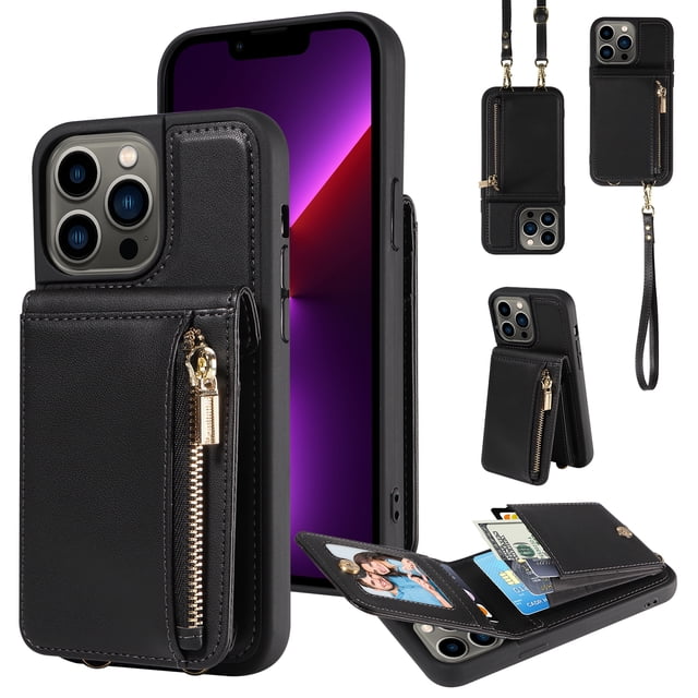 Nalacover RFID Blocking Wallet Case for iPhone 13 Pro, Shockproof PU Leather Magnetic Button Zipper Purse Card Slots & Kickstand Crossbody Phone Case with Shoulder & Wrist Strap,Black