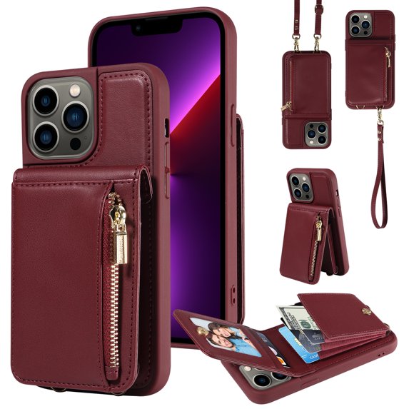 Nalacover RFID Blocking Wallet Case for iPhone 13 Pro, Shockproof PU Leather Magnetic Button Zipper Purse Card Slots & Kickstand Crossbody Phone Case with Shoulder & Wrist Strap,Winered