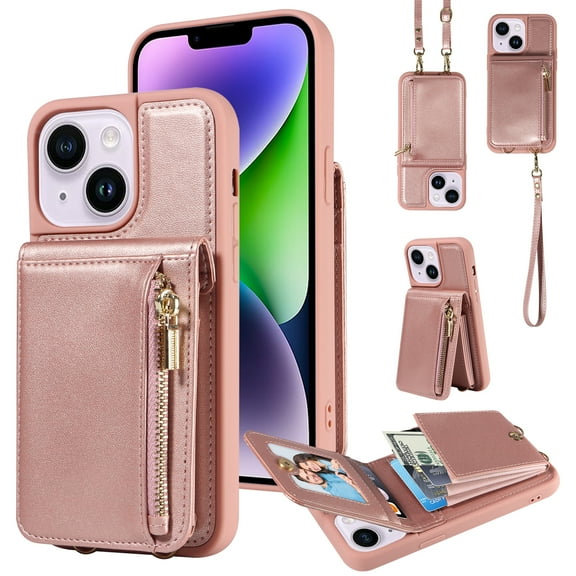 Nalacover RFID Blocking Wallet Case for iPhone 14 Plus, Shockproof PU Leather Magnetic Button Zipper Purse Card Slots & Kickstand Crossbody Phone Case with Shoulder & Wrist Strap,Rosegold