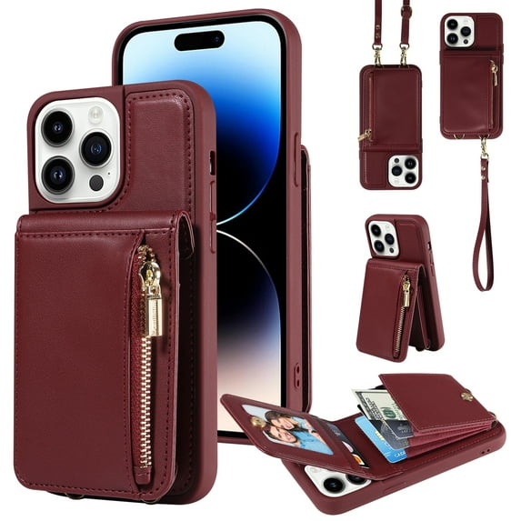 Nalacover RFID Blocking Wallet Case for iPhone 14 Pro, Shockproof PU Leather Magnetic Button Zipper Purse Card Slots & Kickstand Crossbody Phone Case with Shoulder & Wrist Strap,Winered