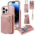 thumbnail image 1 of Nalacover RFID Blocking Wallet Case for iPhone 14 Pro, Shockproof PU Leather Magnetic Button Zipper Purse Card Slots & Kickstand Crossbody Phone Case with Shoulder & Wrist Strap,Rosegold, 1 of 12