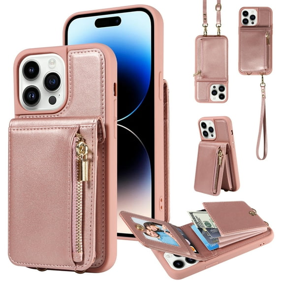 Nalacover RFID Blocking Wallet Case for iPhone 14 Pro, Shockproof PU Leather Magnetic Button Zipper Purse Card Slots & Kickstand Crossbody Phone Case with Shoulder & Wrist Strap,Rosegold