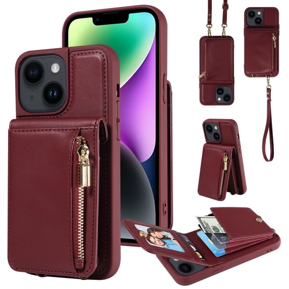 Nalacover RFID Blocking Wallet Case for iPhone 14, Shockproof PU Leather Magnetic Button Zipper Purse Card Slots & Kickstand Crossbody Phone Case with Shoulder & Wrist Strap,Winered