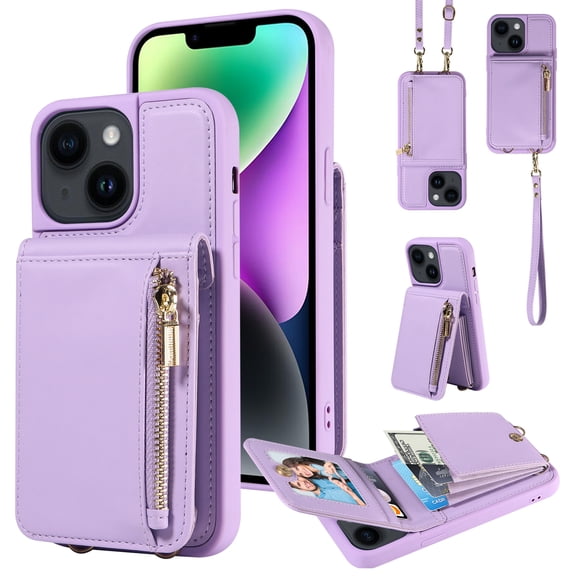 Nalacover RFID Blocking Wallet Case for iPhone 14, Shockproof PU Leather Magnetic Button Zipper Purse Card Slots & Kickstand Crossbody Phone Case with Shoulder & Wrist Strap,Purple