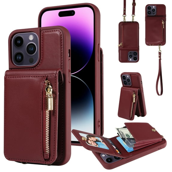 Nalacover RFID Blocking Wallet Case for iPhone 15 Plus, Shockproof PU Leather Magnetic Button Zipper Purse Card Slots & Kickstand Crossbody Phone Case with Shoulder & Wrist Strap,Winered