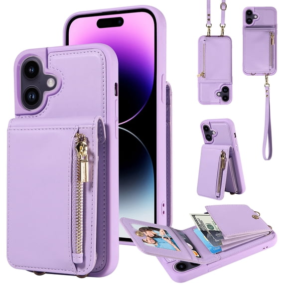 Nalacover RFID Blocking Wallet Case for iPhone 16, Shockproof PU Leather Magnetic Button Zipper Purse Card Slots & Kickstand Crossbody Phone Case with Shoulder & Wrist Strap,Purple