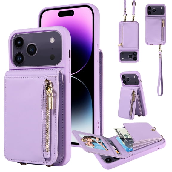 Nalacover RFID Blocking Wallet Case for iPhone 16e/17e, Shockproof PU Leather Magnetic Button Zipper Purse Card Slots & Kickstand Crossbody Phone Case with Shoulder & Wrist Strap,Purple