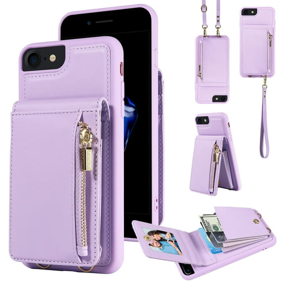 Nalacover RFID Blocking Wallet Case for iPhone 7/8/SE 2020/SE 2022, Shockproof PU Leather Magnetic Button Zipper Purse Card Slots & Kickstand Crossbody Phone Case with Shoulder & Wrist Strap,Purple