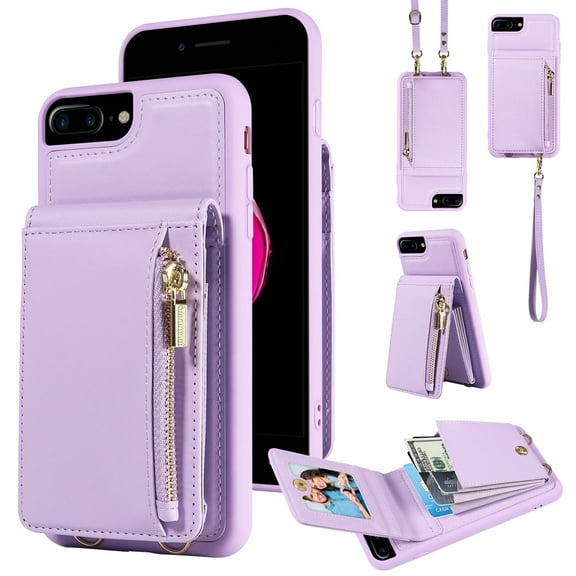 Nalacover RFID Blocking Wallet Case for iPhone 7 Plus/8 Plus, Shockproof PU Leather Magnetic Button Zipper Purse Card Slots & Kickstand Crossbody Phone Case with Shoulder & Wrist Strap,Purple
