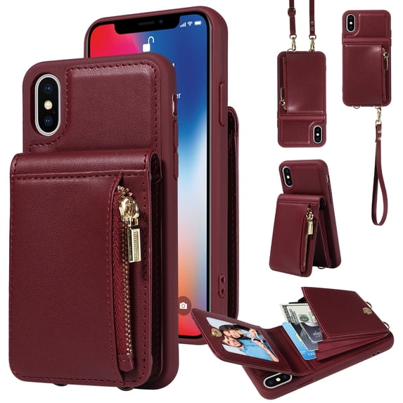 Nalacover RFID Blocking Wallet Case for iPhone X/XS, Shockproof PU Leather Magnetic Button Zipper Purse Card Slots & Kickstand Crossbody Phone Case with Shoulder & Wrist Strap,Winered