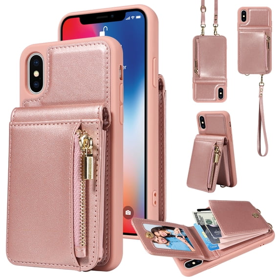 Nalacover RFID Blocking Wallet Case for iPhone X/XS, Shockproof PU Leather Magnetic Button Zipper Purse Card Slots & Kickstand Crossbody Phone Case with Shoulder & Wrist Strap,Rosegold